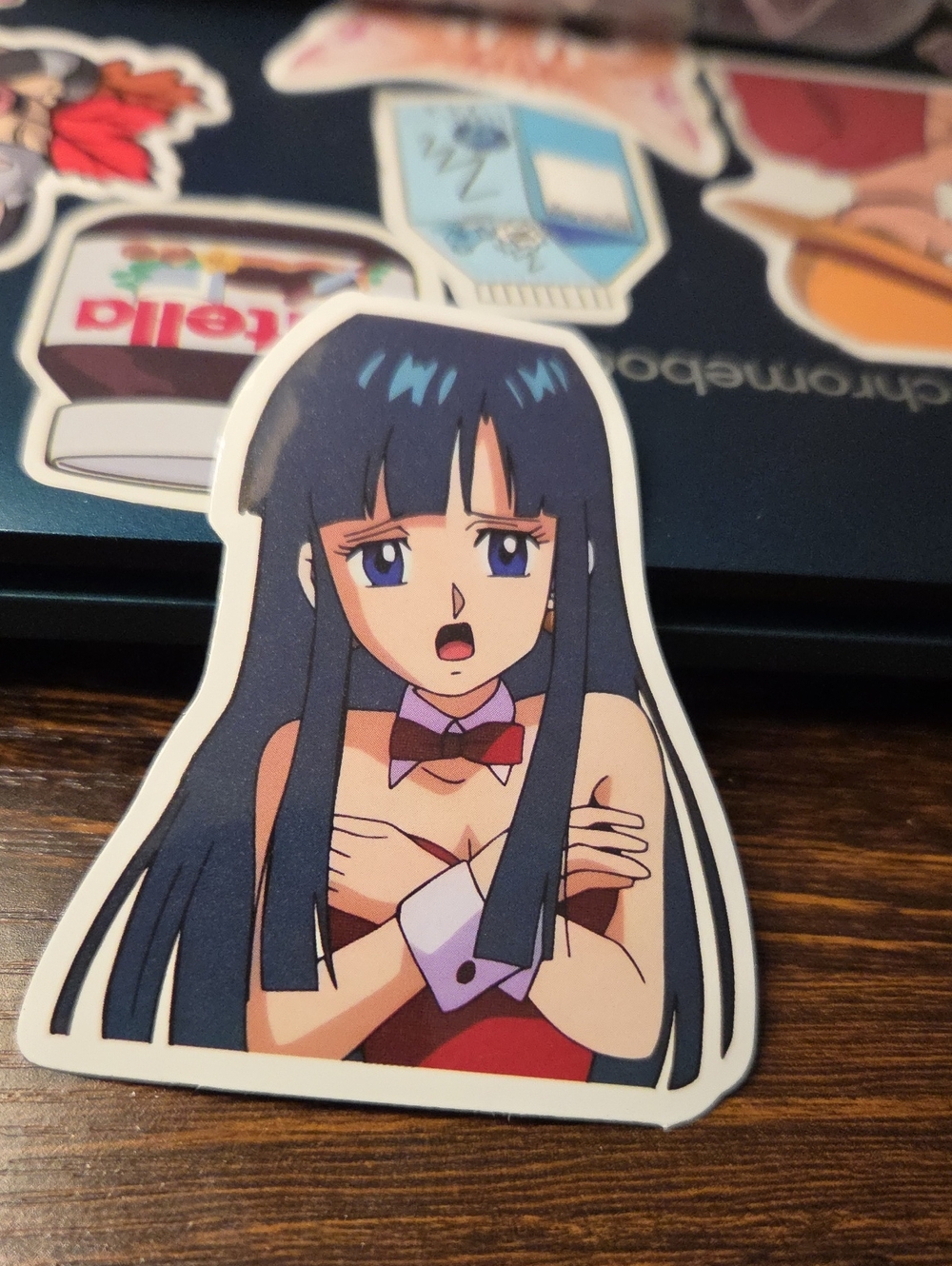 Anime Girl Vinyl Sticker - Navy Blue Hair, Red Outfit